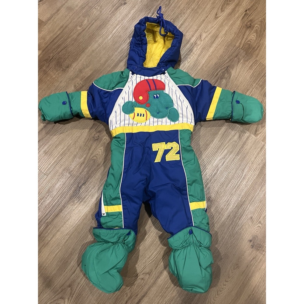 Vintage Celebrity Kids Boys Blue Green Dinosaur‎ Snowsuit EUC 12 Months